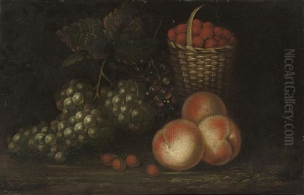 Peaches And Grapes With A Wicker Basket Of Wild Strawberries Oil Painting by William Sartorius