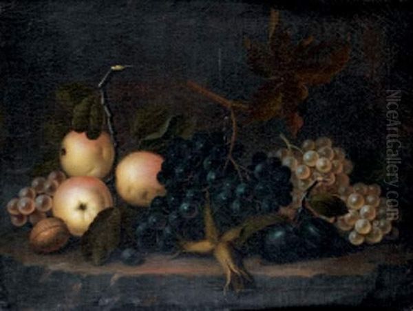 Nature Morte Aux Raisins, Pommes, Prunes Et Noisettes Sur Unentablement Oil Painting by William Sartorius