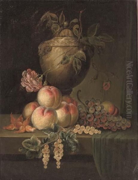 Grapes On The Vine, Peaches, 
Apricots And Cherries On A Stone Ledge; And Roses In A Sculpted Urn With
 Peaches And Grapes On The Vine On A Stone Ledge Oil Painting by William Sartorius