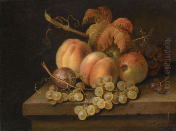 Still Life With Peaches, Apples, Grapes And Plums On A Stone Ledge Oil Painting by William Sartorius