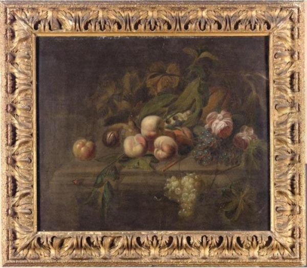 Still Life With Peaches, Grapes,
 A Melon And Other Fruit Together On A Stone With A Butterfly And A Rose Oil Painting by William Sartorius