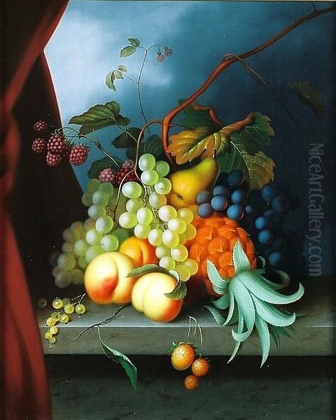 Still Life With Pineapple, Grapes And Peaches On A Marble Ledge Oil Painting by William Sartorius