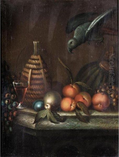 Still Life With A Glass Of Wine 
And A Flagon, Together With Grapes, A Melon, Peaches, Plums , An Apple, A
 Pear And A Parrot Oil Painting by William Sartorius