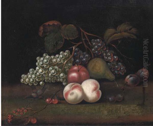 Still Life Of Grapes, Peaches, 
An Apple, Pear And Plums, With Abird Eating Cherries To The Side Oil Painting by William Sartorius