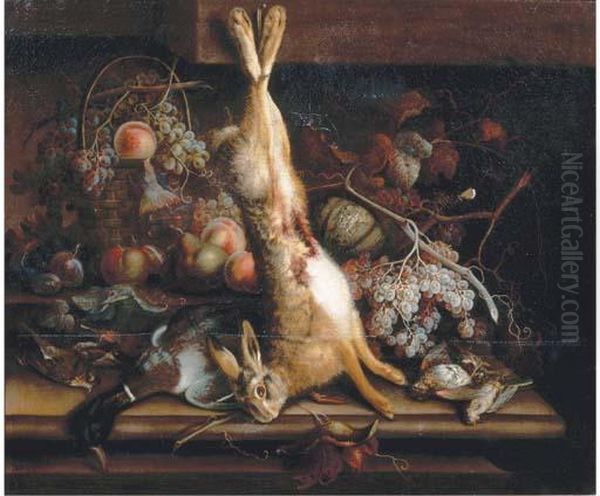 Still Life Of Game And Fruits On A Stone Ledge Oil Painting by William Sartorius