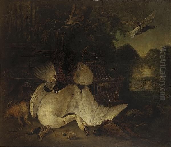 A Wooded Landscape With A Dead 
Swan, Pheasants, A Hare, Kingfisher And Partridge With A Basket Of 
Pigeons Before A Column, A View To A Country House Beyond Oil Painting by William Sartorius