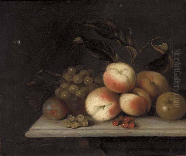 Peaches And A Plum On A Silver Dish; And Peaches Oil Painting by William Sartorius