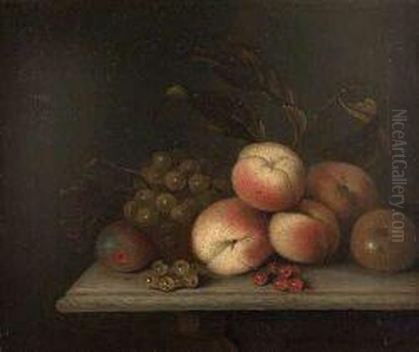 A Still Life Of Grapes, Peaches And Currants On A Marbleledge Oil Painting by William Sartorius