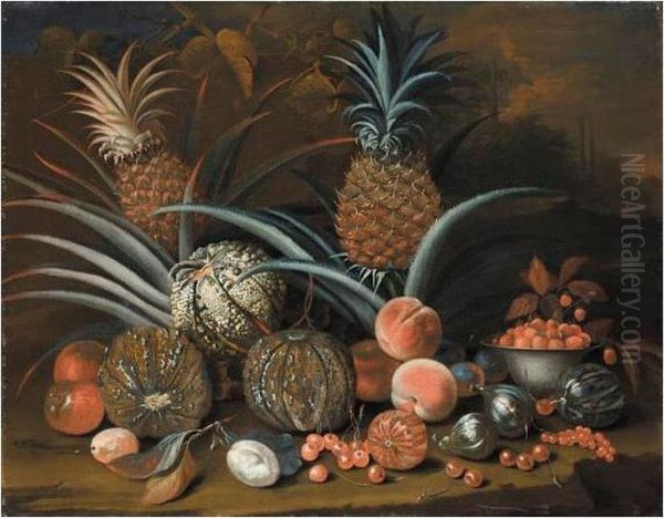 Still Life Of Pineapples, Melons, Peaches, Strawberries, Cherries And Other Fruit Oil Painting by William Sartorius