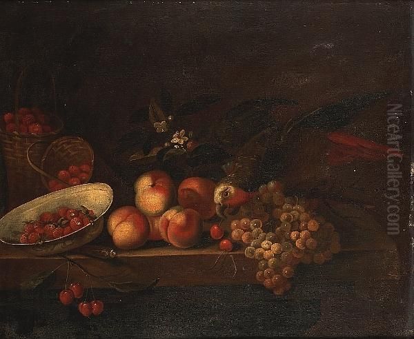 A Porcelain Dish And Baskets Of 
Strawberries With Grapes Cherries And Peaches On A Stone Ledge With A 
Parrot Oil Painting by William Sartorius