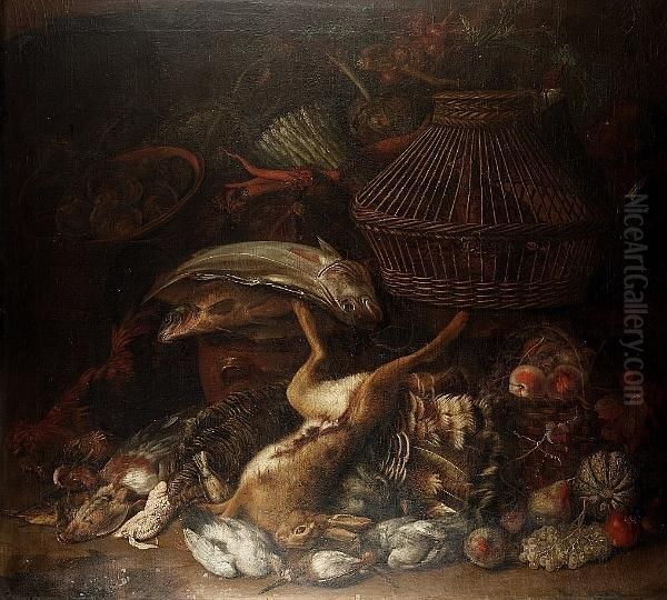 Peaches In A Basket With A Dead 
Hare, Turkey, And Game Birds, With Two Fish On An Earthenware Jar, A 
Chicken Basket, Oysters In An Earthenware Dish, Asparagus, Carrots, 
Artichokes And Other Vegetables In A Basket And On A Shelf Above, A 
Negro Boy  Oil Painting by William Sartorius