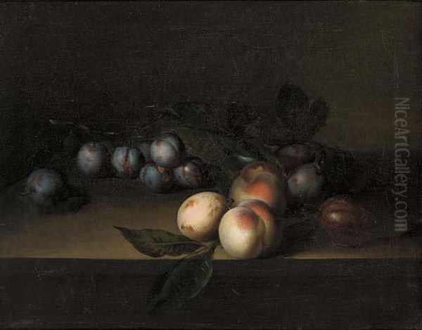 Plums, Peaches And A Fig, On A Ledge Oil Painting by William Sartorius