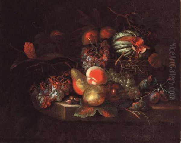 Grapes, Pears, Peaches, And A Melon In A Basket, On A Stoneledge Oil Painting by William Sartorius