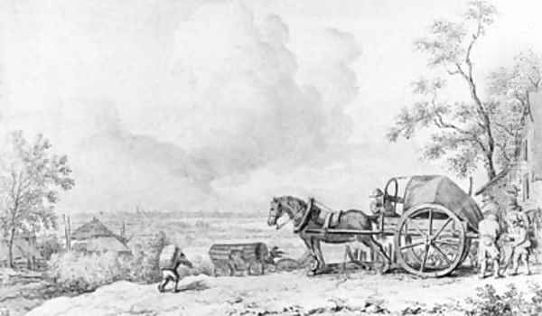 Farmers covering a Waggon outside a Farmhouse, an extensive panorama beyond Oil Painting by Allaert van Everdingen