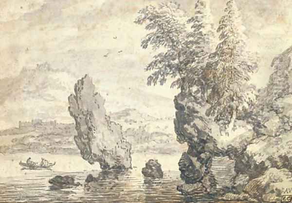 A rocky coastal landscape with pine trees, figures in a rowing boat beyond Oil Painting by Allaert van Everdingen