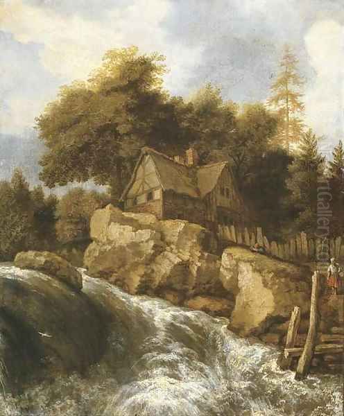 A rocky Nordic landscape with peasants on a path by a waterfall, before a cottage Oil Painting by Allaert van Everdingen