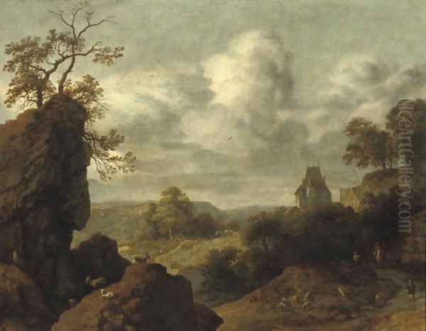 A rocky landscape with figures on a track, a castle beyond Oil Painting by Allaert van Everdingen