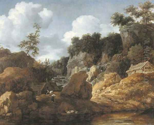 A wooded river landscape with peasants loading a boat Oil Painting by Allaert van Everdingen