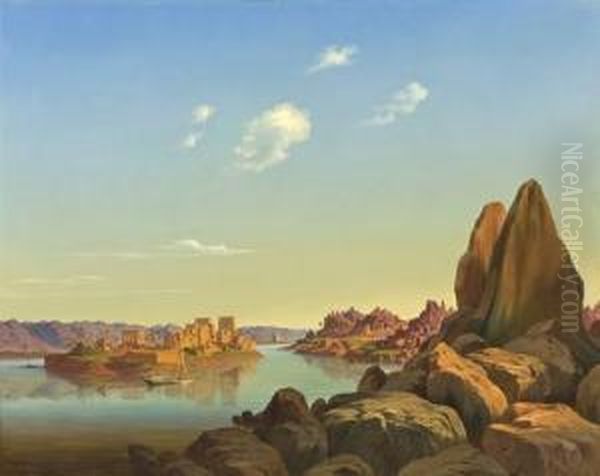 The Isle Of Philae With The Temple Of Isis In Nubia Oil Painting by Hubert Sattler