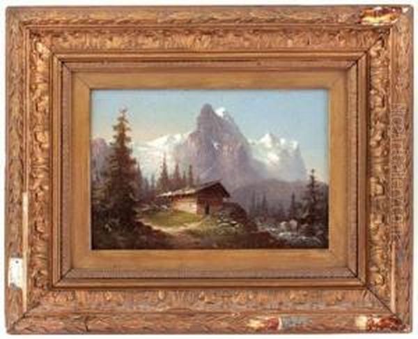 Almhutte Mit Wellhorn, Wetterhorn Und Rosenlauigletscher Oil Painting by Hubert Sattler