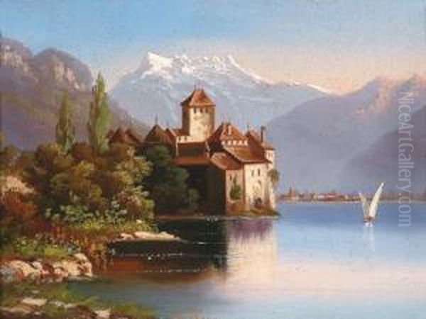 Attributed View Of Schloss Chillon Oil Painting by Hubert Sattler