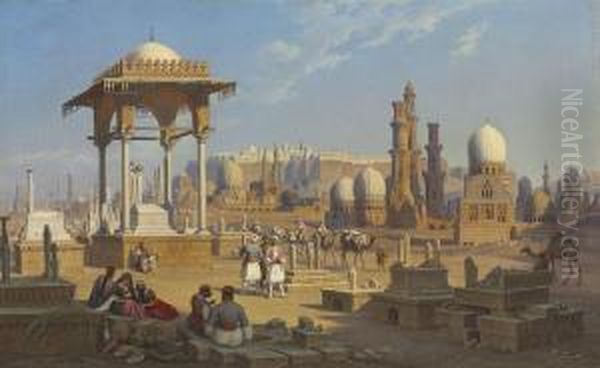 View Of Cairo, The Citatel With The Mamluk Tombs In Theforeground Oil Painting by Hubert Sattler