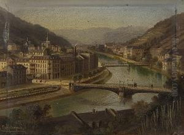 Continental Town And River, And Another Similar Oil Painting by Hubert Sattler