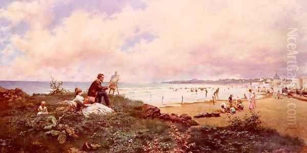 The Artist And His Family On The Beach At Biarritz Oil Painting by Jose Echena