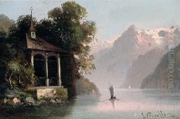 An Alpine Lake Scene Oil Painting by Hubert Sattler