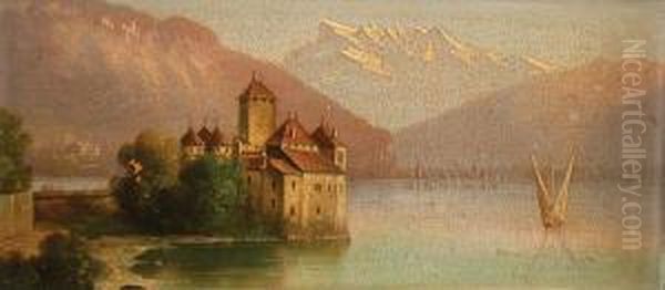 Zamek Nad Brzegiem Gorskiego Jeziora Oil Painting by Hubert Sattler