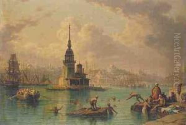 Bathing In The Bosphorus Oil Painting by Hubert Sattler