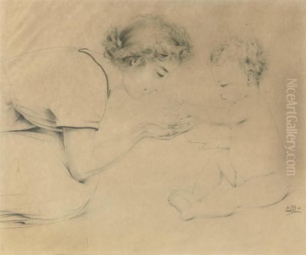 Mother And Child Playing With Dice by Walter Sauer