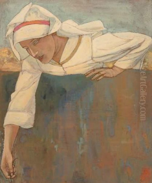 Jeune Femme Au Fil Oil Painting by Walter Sauer