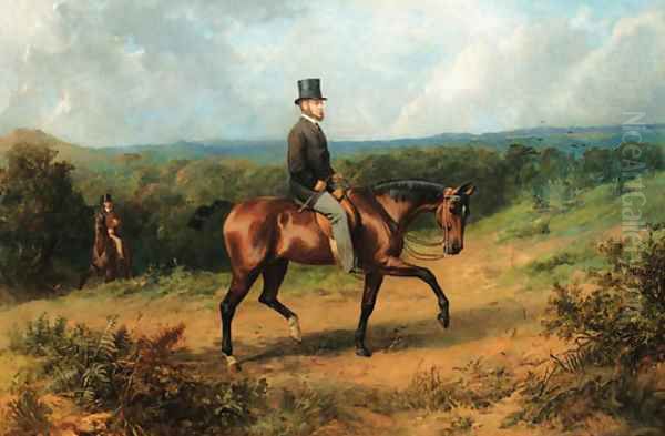 A Gentleman on a bay Hunter in an extensive wooded Landscape Oil Painting by George Earl