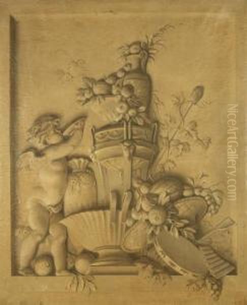 Amorino With Fruit And Bacchic Paraphernalia Oil Painting by Piat Joseph Sauvage