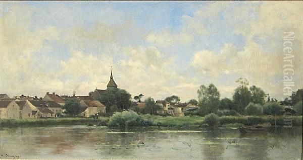 Riverscape Along The Yonne Oil Painting by Adrien Jacques Sauzay