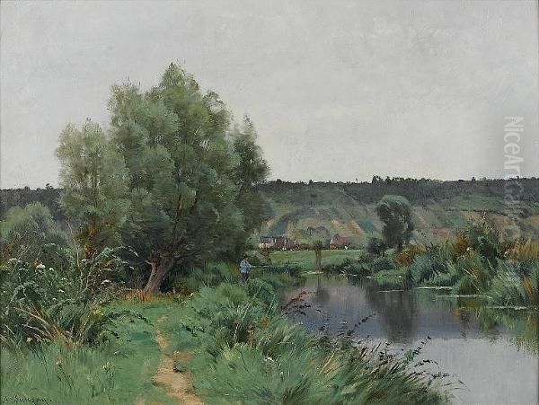 An Angler By A River Oil Painting by Adrien Jacques Sauzay