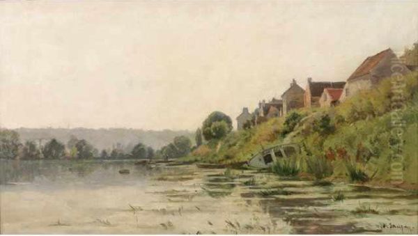 Bord De Seine A Sanois Sur Seine Oil Painting by Adrien Jacques Sauzay