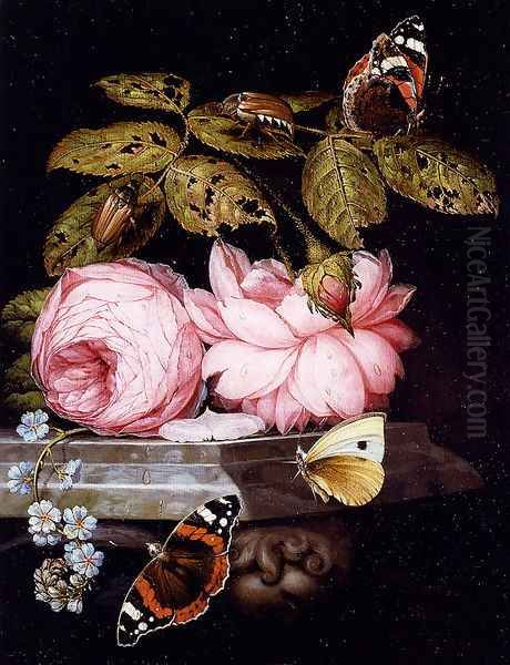 A Still Life With Sprigs Of Guelder-Rose And Forget-Me-Not Resting On A Sculpted Marble Ledge, And Red Admiral Butterflies And A Cabbage White, And Large Bugs Oil Painting by Ottmar The Elder Elliger