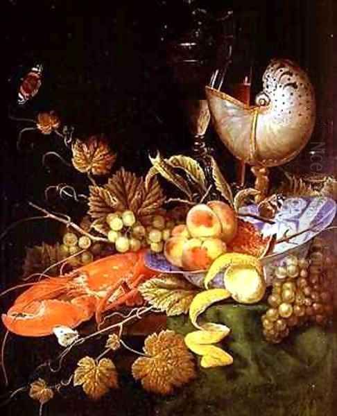 Still life with peaches pomegranate lobster grapes and butterflies Oil Painting by Ottmar The Elder Elliger