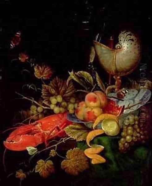 Still Life of Fruit Lobster and a Nautilus Cup Oil Painting by Ottmar The Elder Elliger