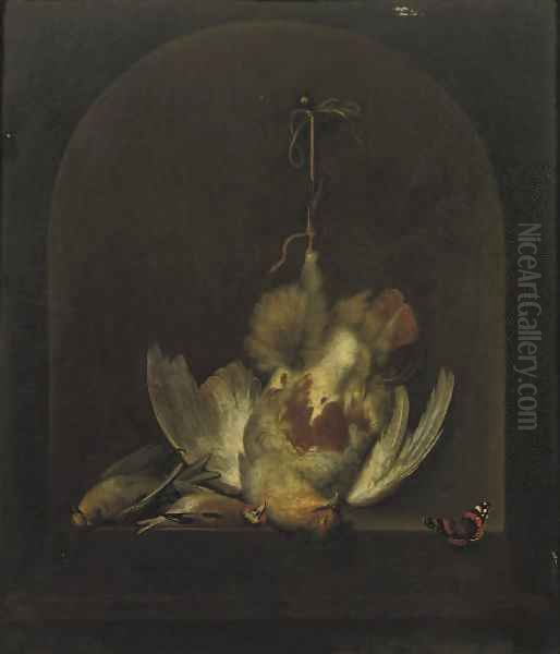 A dead partridge hanging from a nail with two other dead birds in a painted niche, a butterfly nearby Oil Painting by Ottmar The Elder Elliger