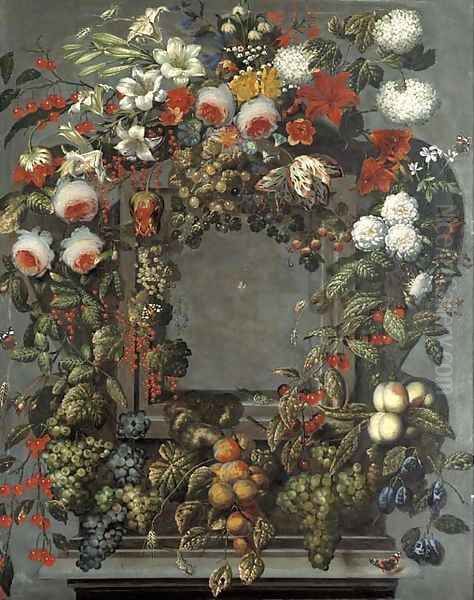 A garland of lilies, rose, tulips and other flowers with bunches of black and white grapes on the vine, cherries, strawberries and other fruit around Oil Painting by Ottmar The Elder Elliger