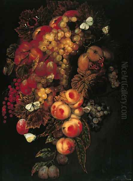 A swag of grapes, prunes, peaches, pomegranates with butterflies and a beetle Oil Painting by Ottmar The Elder Elliger