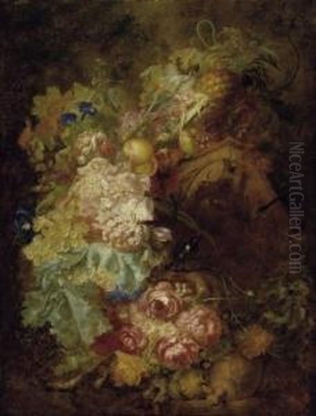 Large Still Life With Roses, 
Grapes And Apples And An Ancient Capital. Also A Singing Little Bird By 
His Nest And A Viper. Oil On Canvas. Relined. 28 X 97cm. Oil Painting by Tobias van Haecht (see Verhaecht)