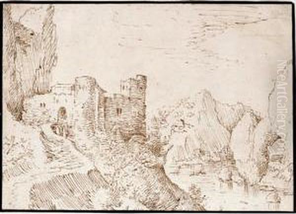 Mountainous River Landscape With A Castle To The Left Oil Painting by Tobias van Haecht (see Verhaecht)