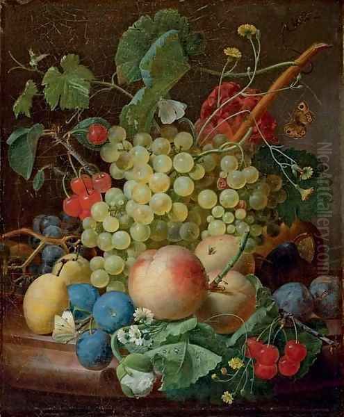 Grapes, cherries, peaches, greengages, plums, daisies and a butterfly on a marble ledge Oil Painting by Jan Frans Eliaerts