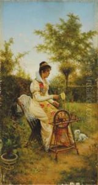 Young Woman Spinning Oil Painting by Alfonso Savini