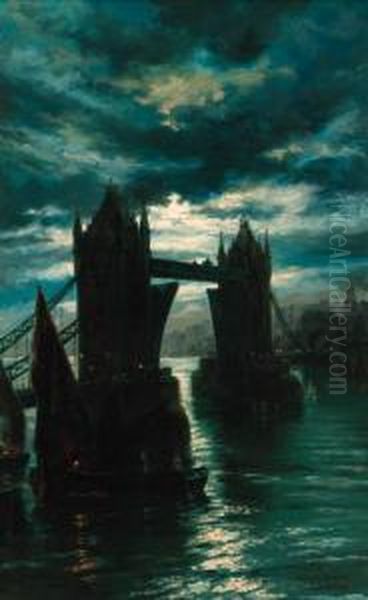 A View Of Tower Bridge By Moonlight Oil Painting by Alfonso Savini