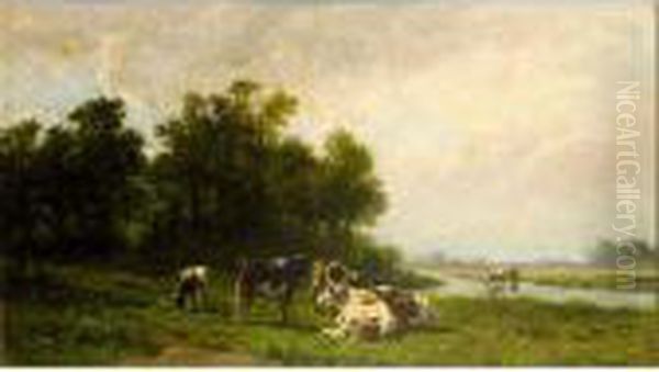 Cows In A Meadow Oil Painting by Hendrik Savrij